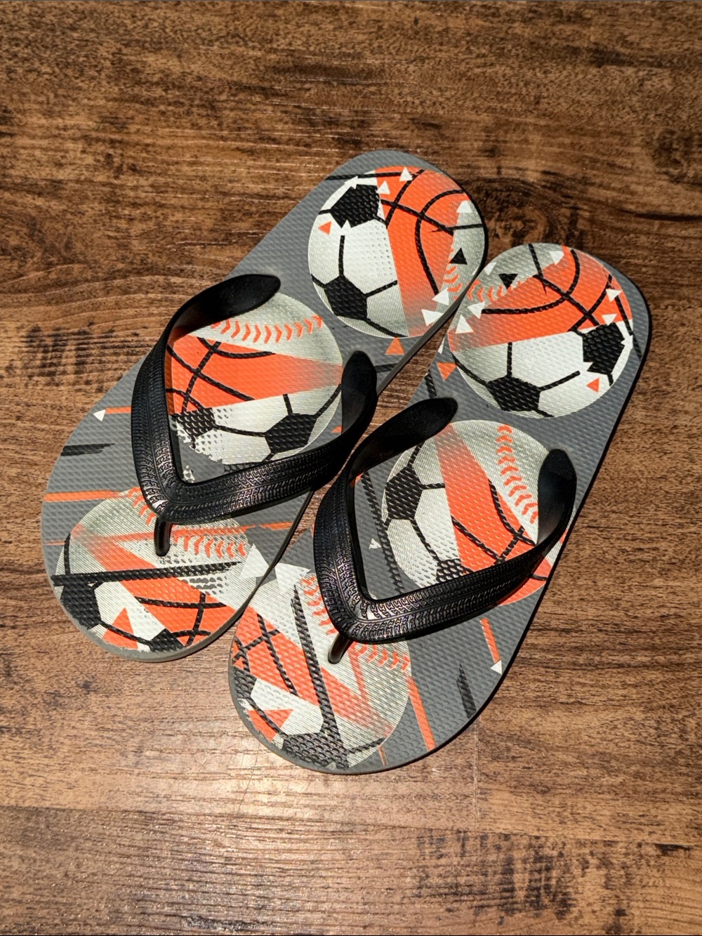 Kids Gray & Orange Sports Print Flip Flops size 5/6 big kids - Picture 3 of 3